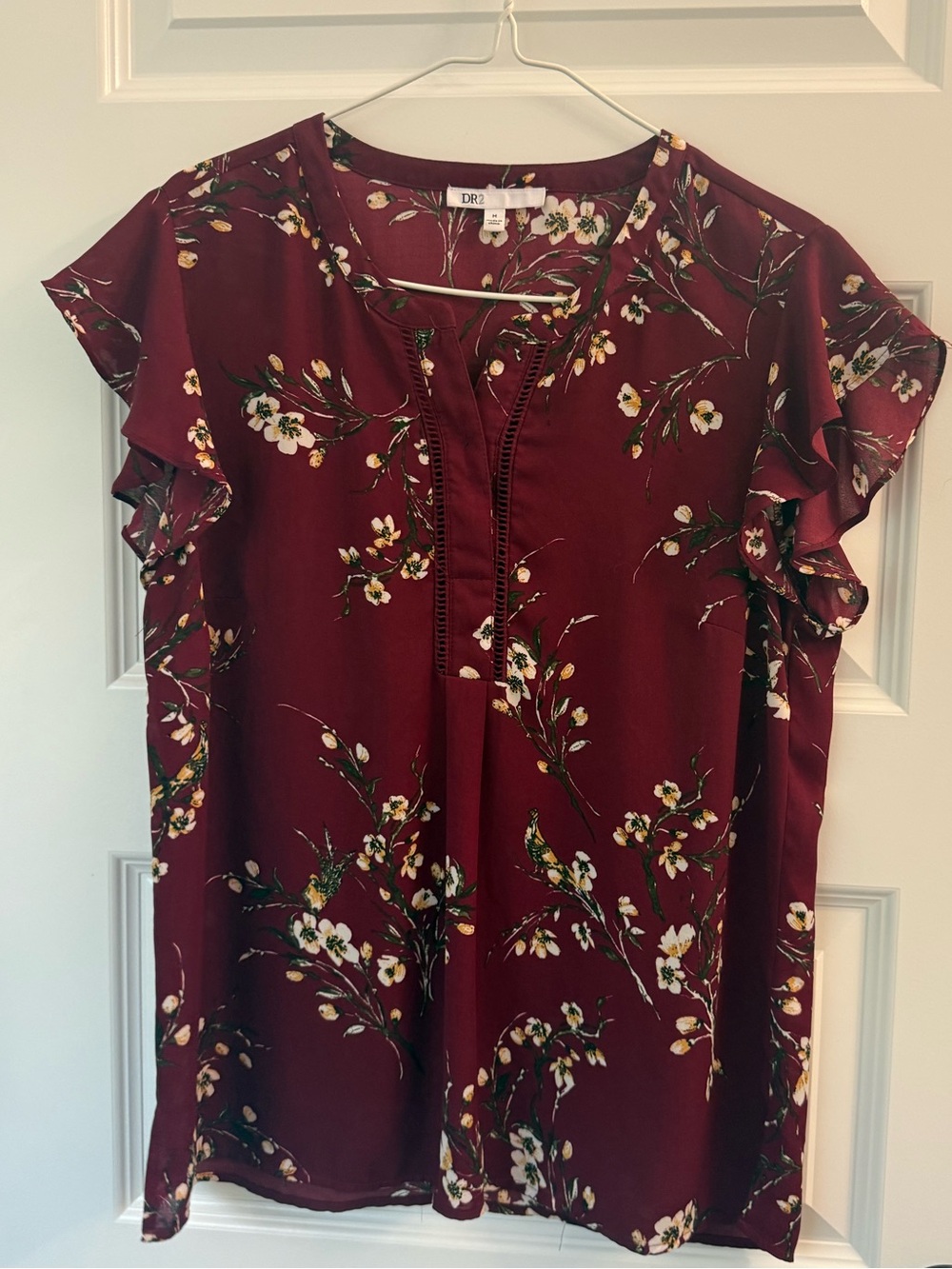 Floral Ruffle Sleeve Blouse - Burgundy